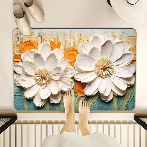 Tapis de bain en diatomite – Absorbant, antidérapant et résistant à la saleté, design artistique peinture à l’huile avec motif chrysanthème blanc, 40 x 60 cm, pour entrée de salle de bain-lsw