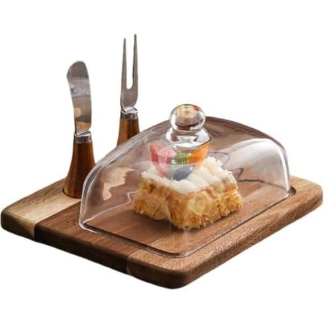 Beurrier en bois d'acacia avec couteau et couvercle en verre, idéal pour le fromage, le beurre, les gâteaux et les desserts. Plat de service. Élégant ensemble de couverts de cuisine (2 couteaux). (1/5)