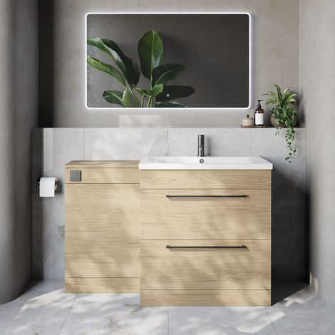 Napoli 460 Light Oak 1300mm 2 Drawer Vanity Unit Toilet Suite with Glide Basin - 1300mm - Gunmetal Grey 480mm HandleWithout Kingston Toilet Pan