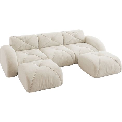 ELVMI Divano Modulare A U 3 Posti con 2 Pouf, Senza Struttura, Seduta in Chenille, 32D, Beige Chiaro (1/5)