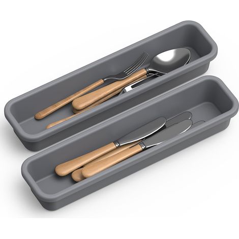 Cutlery Tray for Drawer, DIY Cutlery Storage, Silicone Cutlery Storage Drawer Kitchen, Set of 2, Moisture and Heat Resistant up to 200°C, Non-Slip (Grey) (1/5)