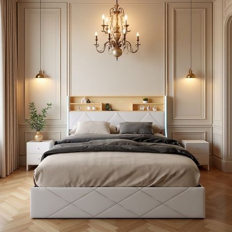 Cama Doble 160x200cm - Cama Cofre Hidráulica - Cuero PU Blanco - Puertos USB - Tiras LED
