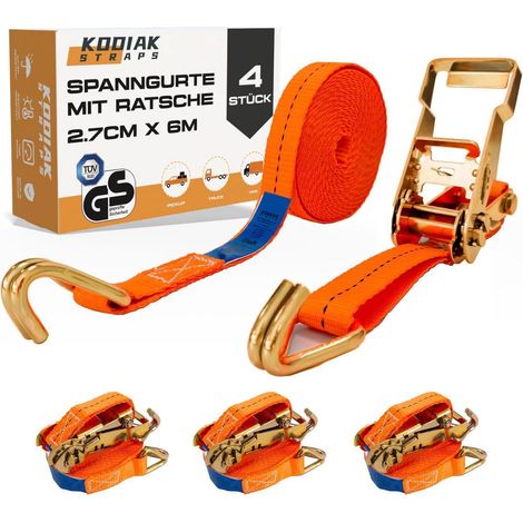 4x Spanngurte 6m 1500kg mit Ratsche und Haken, 27mm, TÜV/GS geprüft (1/5)