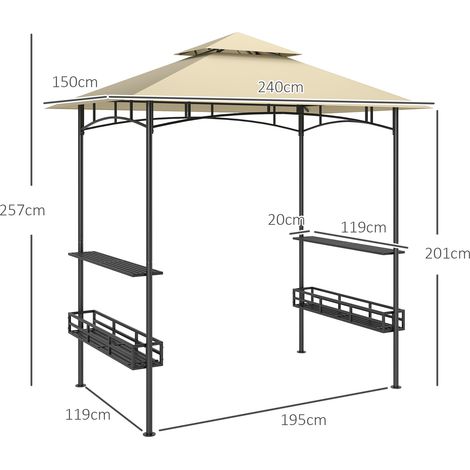 Gazebo barbecue 240x150x257 cm antiflamme imperméable,double toit étagères latérales UV protection,cadre acier beige. (1/5)