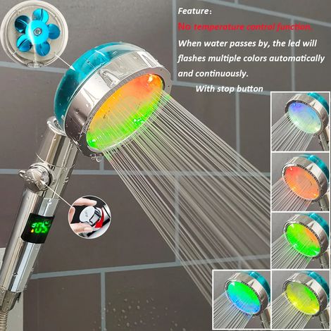 Pommeau de douche LED haute pression (argenté multicolore) avec bouton d'arrêt unique et écran numérique. Douchette à main noire avec capteur de température. (1/5)