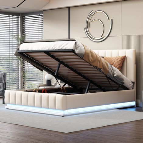 Lit rembourré 140 x 200cm blanc, LED métallique, tête réglable, rangement hydraulique, cadre lattes, lit double sans matelas