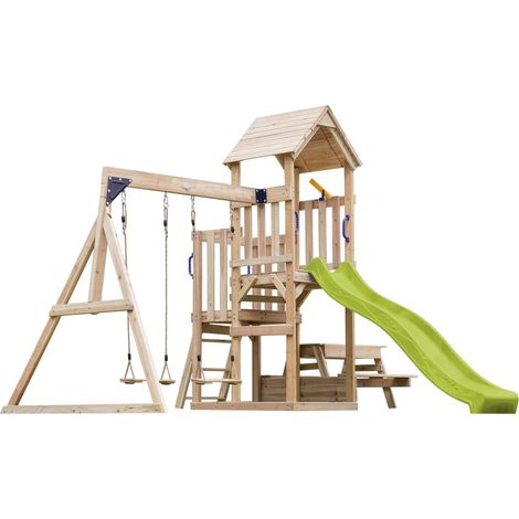 Axi Mette Aire De Jeux En Bois Avec 2 Balançoires, Toboggan Vert Citron, Table De Pique Nique/Aire De Jeux Extérieur Avec Bac À Sable/Téléscope Portique Balançoire/Jeux En Bois Extérieur