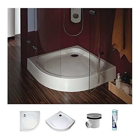 ECOLAM Receveur de Douche Semi-Circulaire NewStyle Polimat 80x80 cm, Hauteur 16 cm, Profondeur 5 cm, Acrylique Blanc, Siphon, Silicone (1/5)