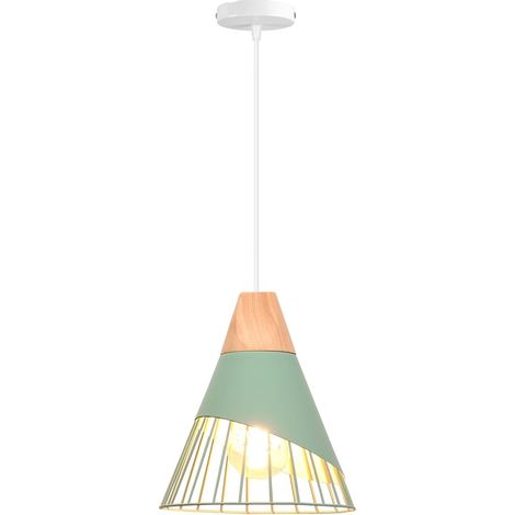 Suspension Luminaire Moderne Industrielle Bois Lustre Abat-jour Métal Vintage forme Cage Ø25cm Plafonnier E27 Design pour Cuisine Chambre Salon (Vert-1pcs) [Classe énergétique A]