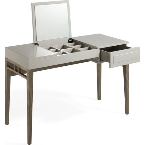 Bureau-commode avec miroir et rangement laqué pieds noyer tiroir avec poussoir - Noyer, gris perle (1/5)