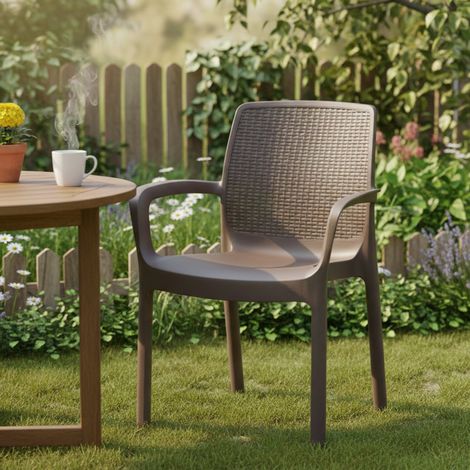 Dmora - Gartenstuhl Dmoll, Gartensitz, Stuhl für Esstisch, Gartensessel mit Rattaneffekt, 100 % Made in Italy, 54x60h82 cm, Braun (1/3)