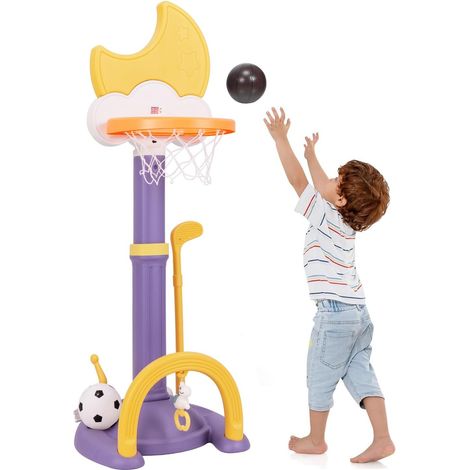 GOPLUS 4 en 1 Panier de Basket Enfants Réglable 114-152 cm, Tableau de Score Electronique en Forme de Lune, Football, Jeu de Golf, Anneaux, pour Intérieur Extérieur (Jaune) (1/5)