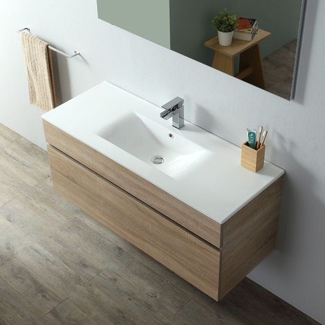 Kiamami Valentina – Meuble de salle de bain suspendu 120 cm en chêne Well – 1 tiroir spacieux – Lavabo en céramique – Miroir 60 cm — vue 3
