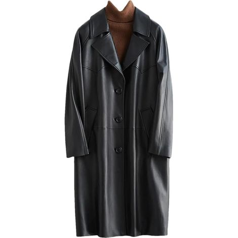 Trench surdimensionné en cuir noir pour femme, manches raglan, col à revers, coupe ample, vêtements d'extérieur décontractés et élégants (1/5)