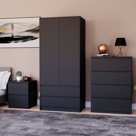3 Piece Denver Bedroom Set, 2 Drawer Large Bedside Chest, 4 Drawer Chest, 2 Door 2 Drawer Wardrobe, Black (1/2)