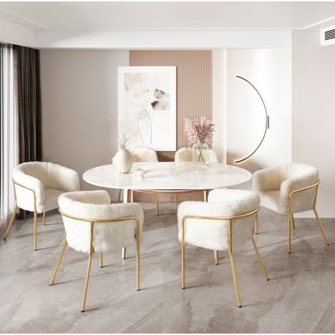 Lot de 6 chaises de salle à manger et de coiffeuse en fausse fourrure blanche, design luxe léger, structure métal stable, pour salon et chambre  CHICFURN (1/5)
