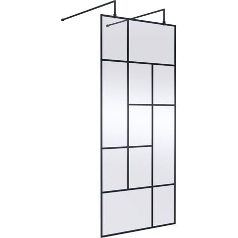 Balterley Rolleston Contemporary Bathroom Abstract Frame Design 8mm Glass Wetroom Screen with Arms and Feet, 1950 x 950 x 60mm, Matt Black