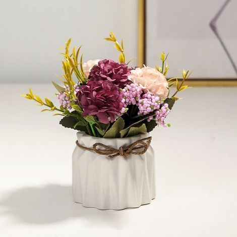 Bouquet d'Hortensias Artificielles en Pot avec Vase Blanc pour Décoration de Table à Manger (1/5)