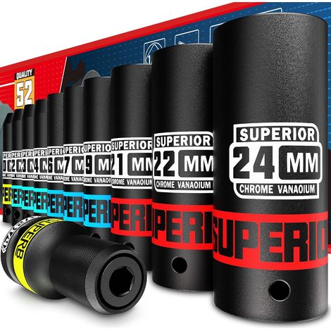 Douilles à Choc 1/2", Coffret de 11 Douilles Métriques 10-24 mm, Douilles Profondes Impact et Adaptateurs pour la Réparation Automobile et le Remplacement des Pneus (1/5)
