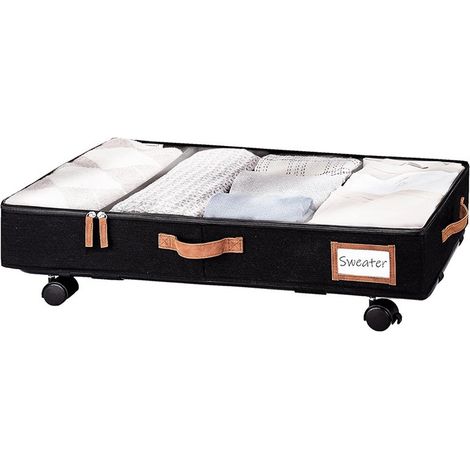 Boîte de rangement sous lit, organisateur pliable en tissu pour vêtements et couettes, anti-poussière et anti-humidité, 60 L, 78 x 42 x 16 cm, noir, avec poulie (1 pièce) (1/5)