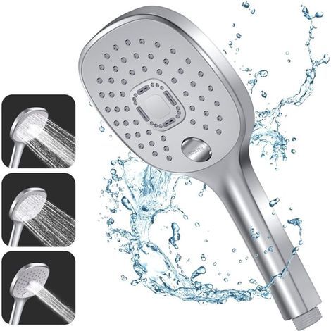 Soffione doccia ZOLGINAH, 3 tipi di getto con maniglia resistente e ugello in silicone ecologico, ampio soffione doccia argento (soffione doccia senza tubo flessibile) (1/4)