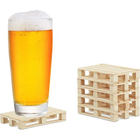 Dessous de Verre Bois, Lot de 6, Mini palettes pour Tasses, Verres, Bois, sous bock, 2x12x8 cm, Nature (1/5)
