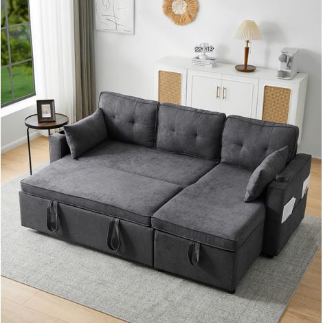 Canapé convertible 3 places en tissu coton et lin gris 211x130x86 cm, angle réversible avec rangement (1/5)