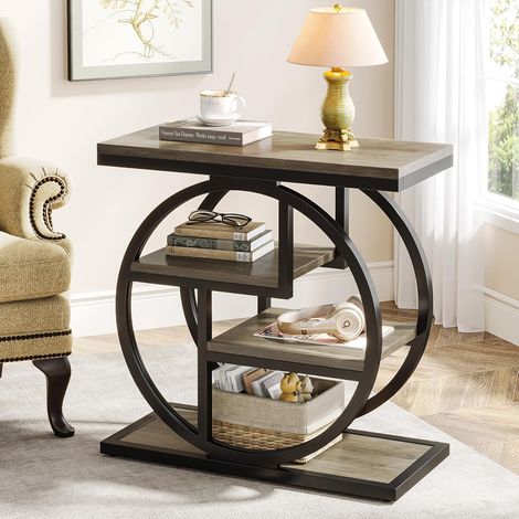 Tribesigns Table d'appoint étroite à 4 niveaux avec étagères de rangement, table de chevet industrielle pour chambre à coucher, petit canapé en bois avec cadre géométrique en métal (1 pièce, gris (1/5)