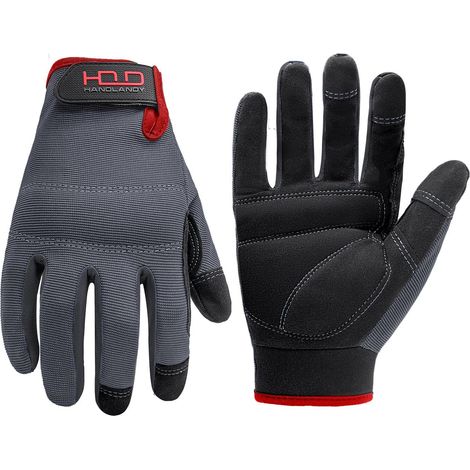 Gants de travail tactiles pour homme - Cuir synthétique - Arrière en spandex respirant et flexible - Poignets et paumes rembourrés, noir (1/5)