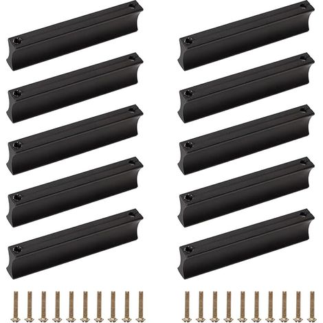 Lot de 10 poignées de meuble - 64 mm - Espacement des trous - Pour armoires de cuisine - En alliage d'aluminium - Avec 20 vis - Pour armoires, armoires et tiroirs - Noir (1/5)