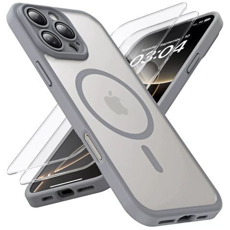 Funda híbrida 3 en 1 + 2 protectores de pantalla de vidrio templado para Apple iPhone 16 Pro Max. Funda protectora híbrida MagSafe con protección de lente para el teléfono. Funda protectora Alogy 3 en