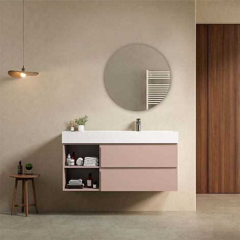 Mobile bagno sospeso 120 cm Rosa Retro Lavabo a Destra in Resina Specchio Tondo - Fiji Paint Plus (1/4)