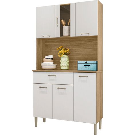 Beaux Meubles Pas Chers – Buffet de cuisine 6 portes 1 tiroir imitation chêne et blanc – 5 niches – Dimensions L92 H170.5 P36.3 cm – Bois certifié FSC