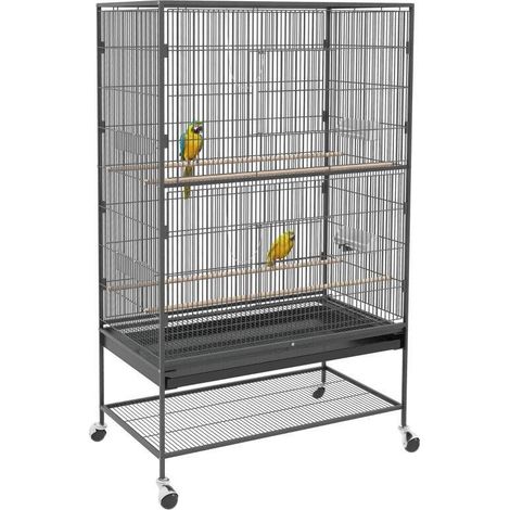 Cage à oiseaux avec perchoirs, jouets, bac de fond extractible et 1 étage de rangement, couleur gris (1/5)