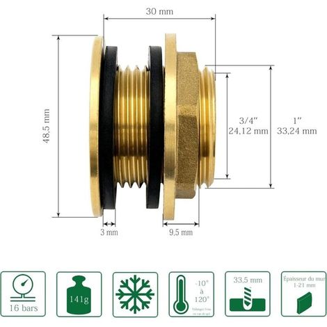 Union – Raccord de robinetterie laiton 3/4" femelle à mâle 1" – Inclus 2 joints en caoutchouc – Pour cuves IBC et barils de pluie (1/4)