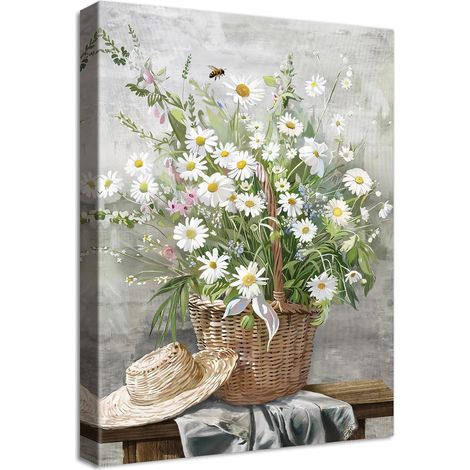 Cadre en Bois Impression sur Toile Panier de Marguerites Tableau Affiche Decoration Murale Image sur Toile Chapeau de Paille Floral Rustique Tableau Decoration Murale Salon Chambre à coucher 30x40cm (1/5)
