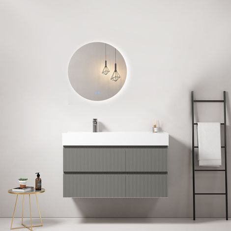 Mobile bagno sospeso cannettato 100 cm Grigio Londra Lavabo a Sinistra in Resina Specchio Tondo Retroilluminato - Fiji Paint