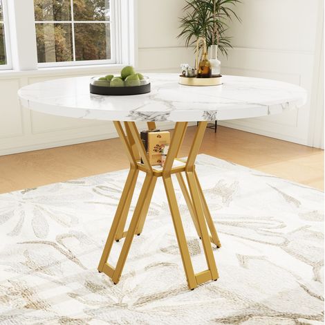 Tavolo da pranzo rotondo 100 x 100 x 76 cm, piano MDF effetto marmo, gambe dorate HAVRYA (1/5)