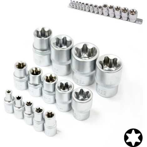Juego de Llaves de vaso TORX Hembra 1/4", 3/8" 1/2" E4 a E24, 14 PIEZAS (1/5)