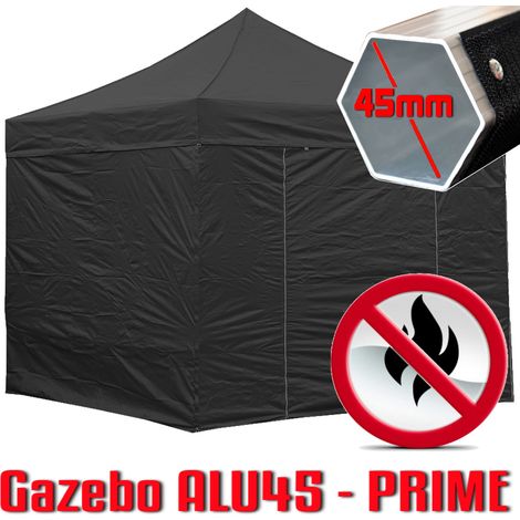 Gazebo 3x3 m nero certificato IGNIFUGO pieghevole alluminio piantone esagonale 45mm portatile estendibile richiudibile estensibile acciaio con laterali per fiere eventi stand chiosco tenda tendone mer (1/5)