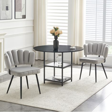 Set tavolo e 2 sedie da pranzo 107x107x75 cm, doppio ripiano, schienale a fiore, MDF metallo tessuto, nero grigio chiaro (1/5)