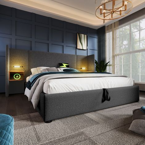Lit coffre,lit adulte 160x200 ,avec table de chevet, lampe de lecture et fonction de recharge USB Type-C, gris (1/5)
