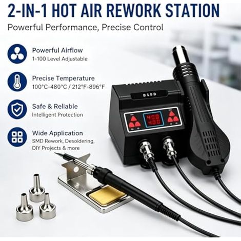Station de soudage 2 en 1, 700 W, fer à souder à air chaud, station de dessoudage avec écran LED, température réglable de 100 °C à 480 °C pour les réparations et le modélisme (prise européenne) (1/3)