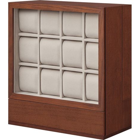 Boîte à montre 12 emplacements présentoir de montres avec fenêtre placage effet bois doublure en velours rangement vertical économie d’espace cadeau marron