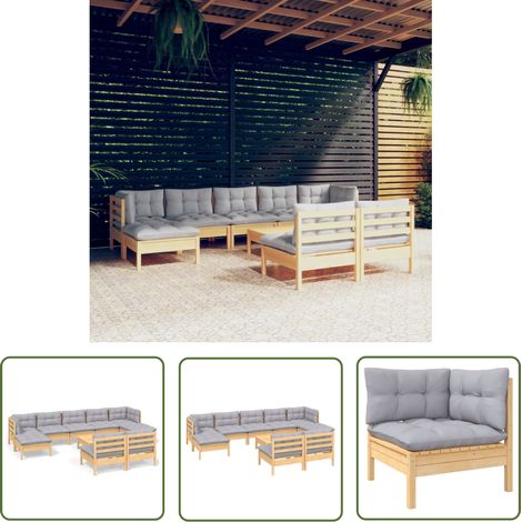 The Living Store 10-tlg. Garten-Lounge-Set mit Grauen Kissen Kiefernholz - Gartensessel - Lounge Set - Gartenmöbel - Outdoor Möbel - Rattan Sessel (1/5)