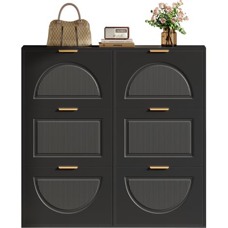 Meuble à chaussures moderne avec 6 compartiments rabattables, étagères ouvertes et rangement indépendant – Idéal pour entrée ou couloir, noir, dimensions : L118 x H115 x P25 cm (1/5)