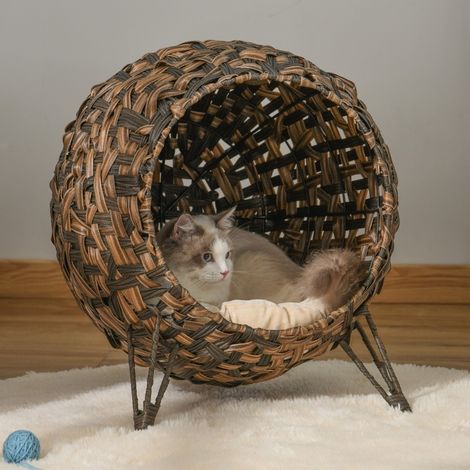 Cama para gatos (54x46x59 cm), con cojín, patas elevadas, estructura estable, terciopelo marrón y PE ratán (1/5)