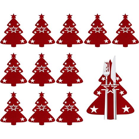 Porte-Couverts Forme Arbre De Noël - En Feutre Rouge - Pour Couteaux Fourchettes Cuillères - Décoration De Table Festive - Lot De 12 (1/5)