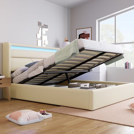 Letto contenitore imbottito moderno in PU bianco 140x200 cm con testiera LED e rete a doghe sollevabile (1/5)