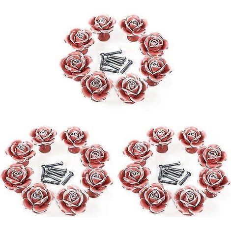 Ensemble de 8 boutons de porte en céramique rose en forme de rose pour armoires et tiroirs avec vis de fixation (1/3)